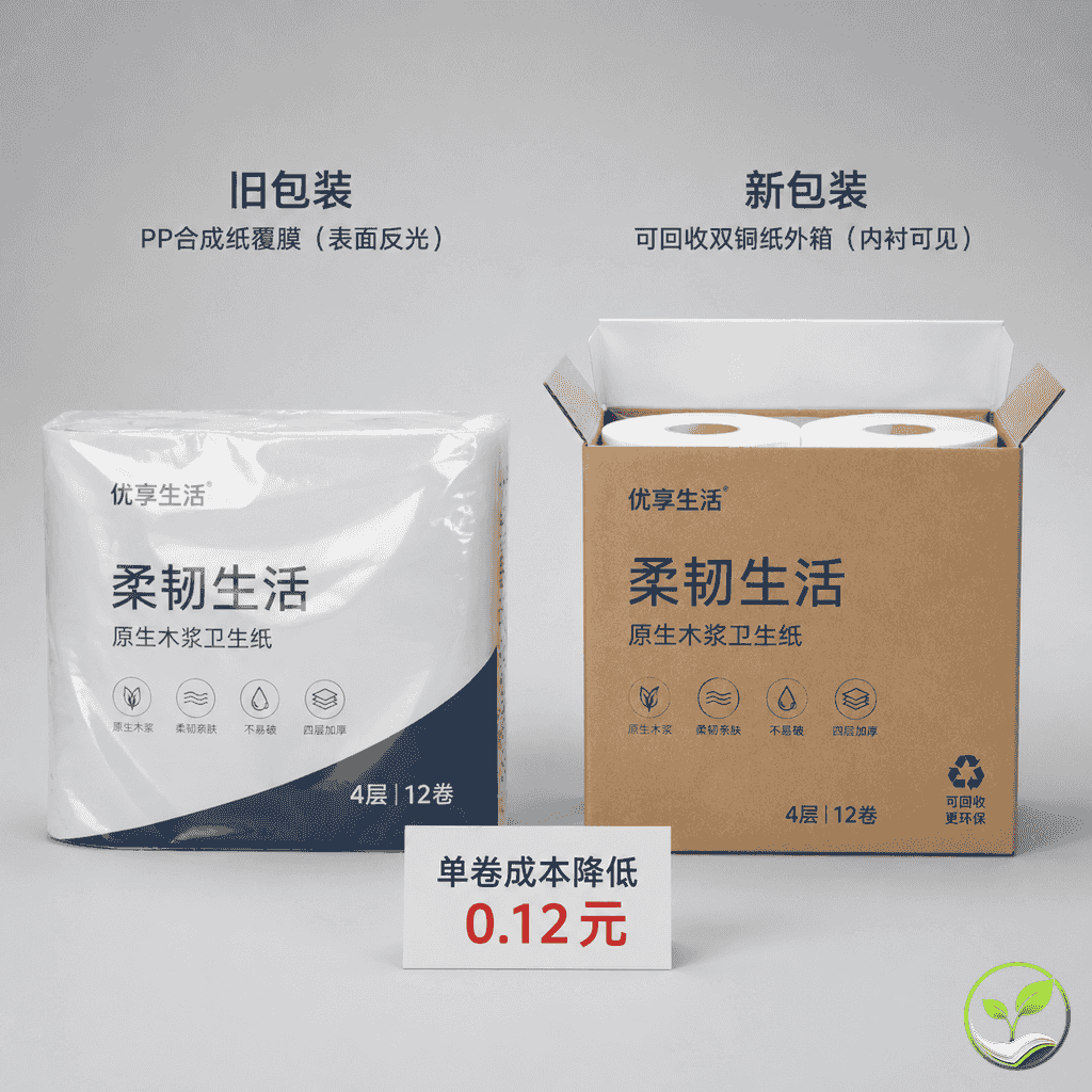 新旧包装热敏纸卷对比,左侧旧包装为PP合成纸覆膜,右侧新包装为双铜纸外箱加内衬,旁边放置成本差异说明小标签