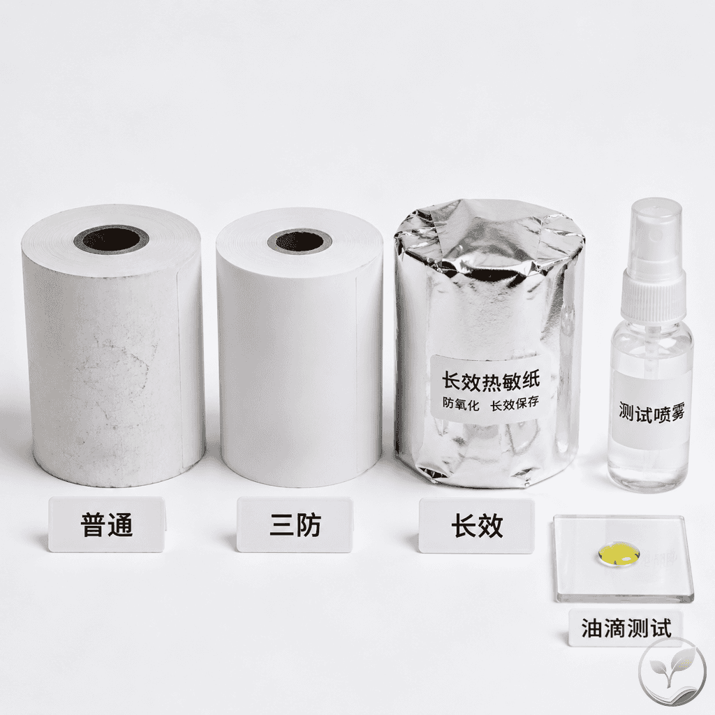 三卷热敏纸并排陈列，分别对应普通、三防、长效，旁边放有防水测试小道具