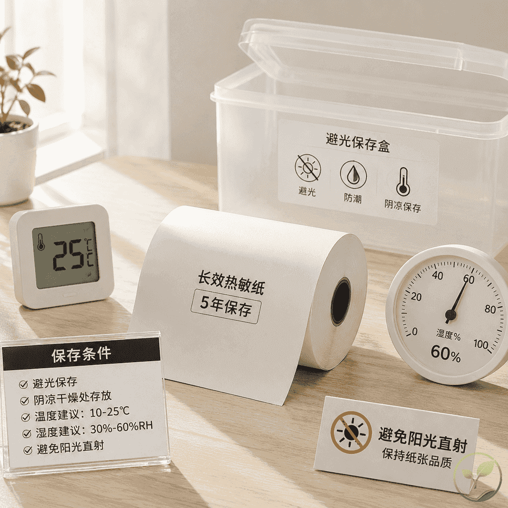 热敏纸保存环境示意,纸质温度计和湿度计旁放一卷长效热敏纸,强调避光常温储藏