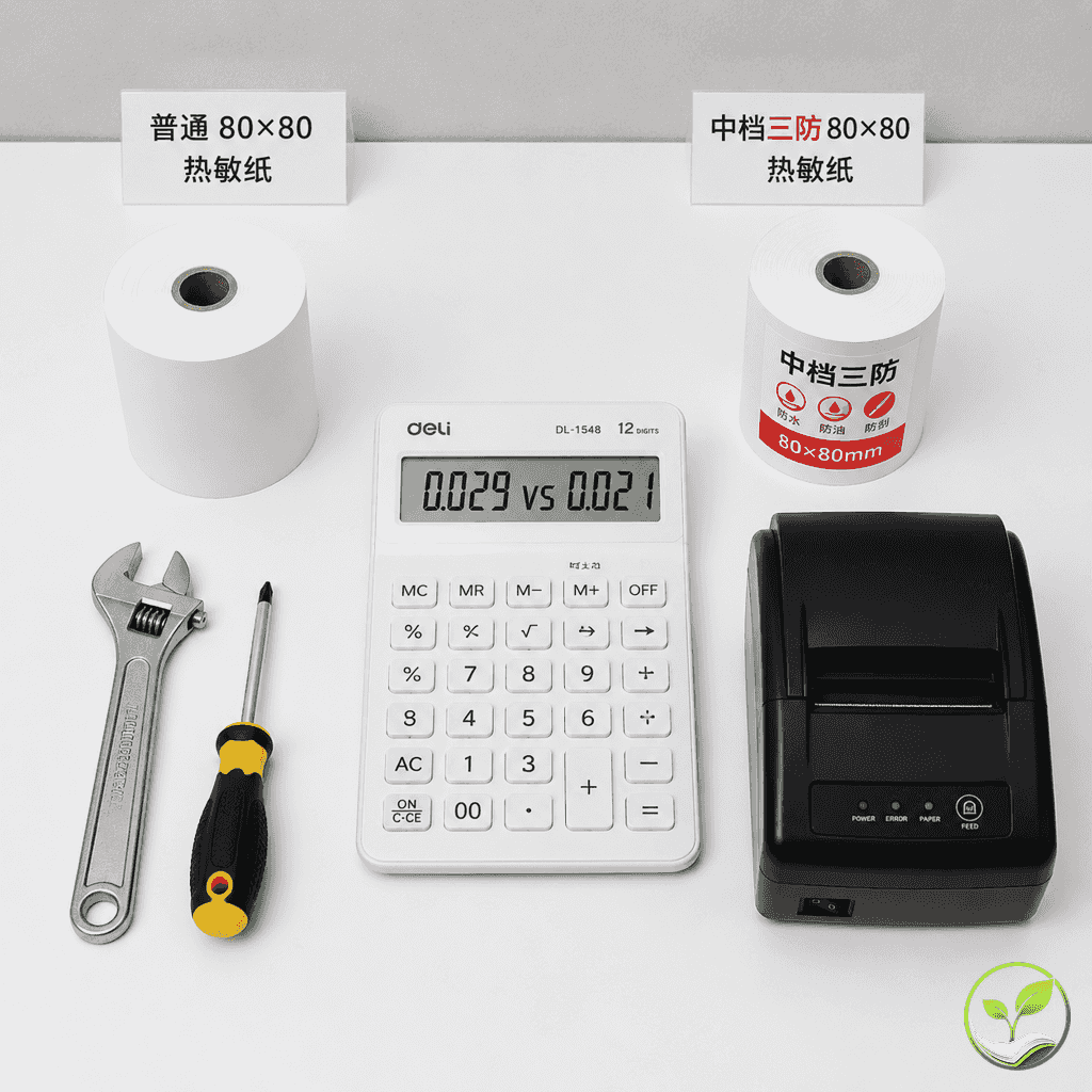 一张白板或白色背景上写着成本公式,左侧放着一卷普通热敏纸和维修工具(扳手、螺丝刀),右侧放着一卷中档热敏纸和完好打印机,中间有计算器显示数字对比