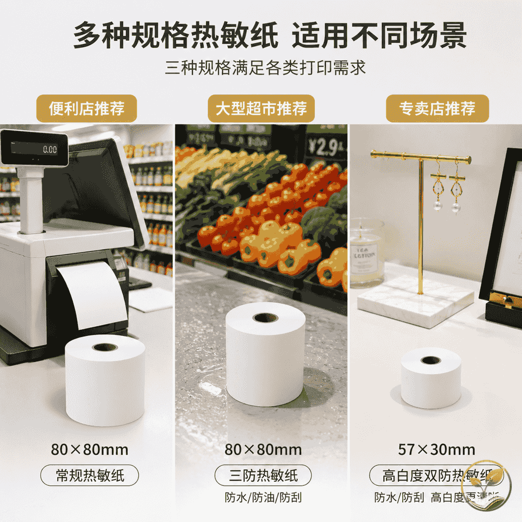 三个收银场景并列展示:便利店收银台、大型超市生鲜区、专卖店柜台,每个场景各放一卷对应的推荐热敏纸卷,并配有文字标签