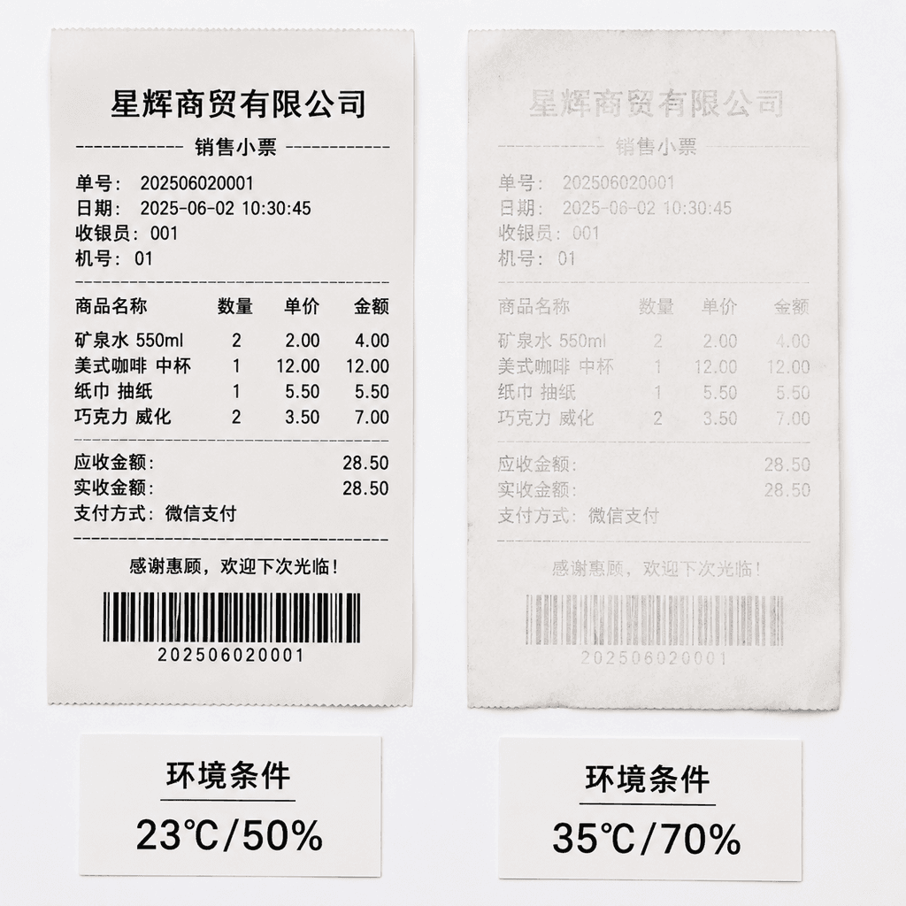两张热敏纸小票对比，一张字迹清晰完整，另一张字迹模糊褪色，旁边标注温度湿度条件