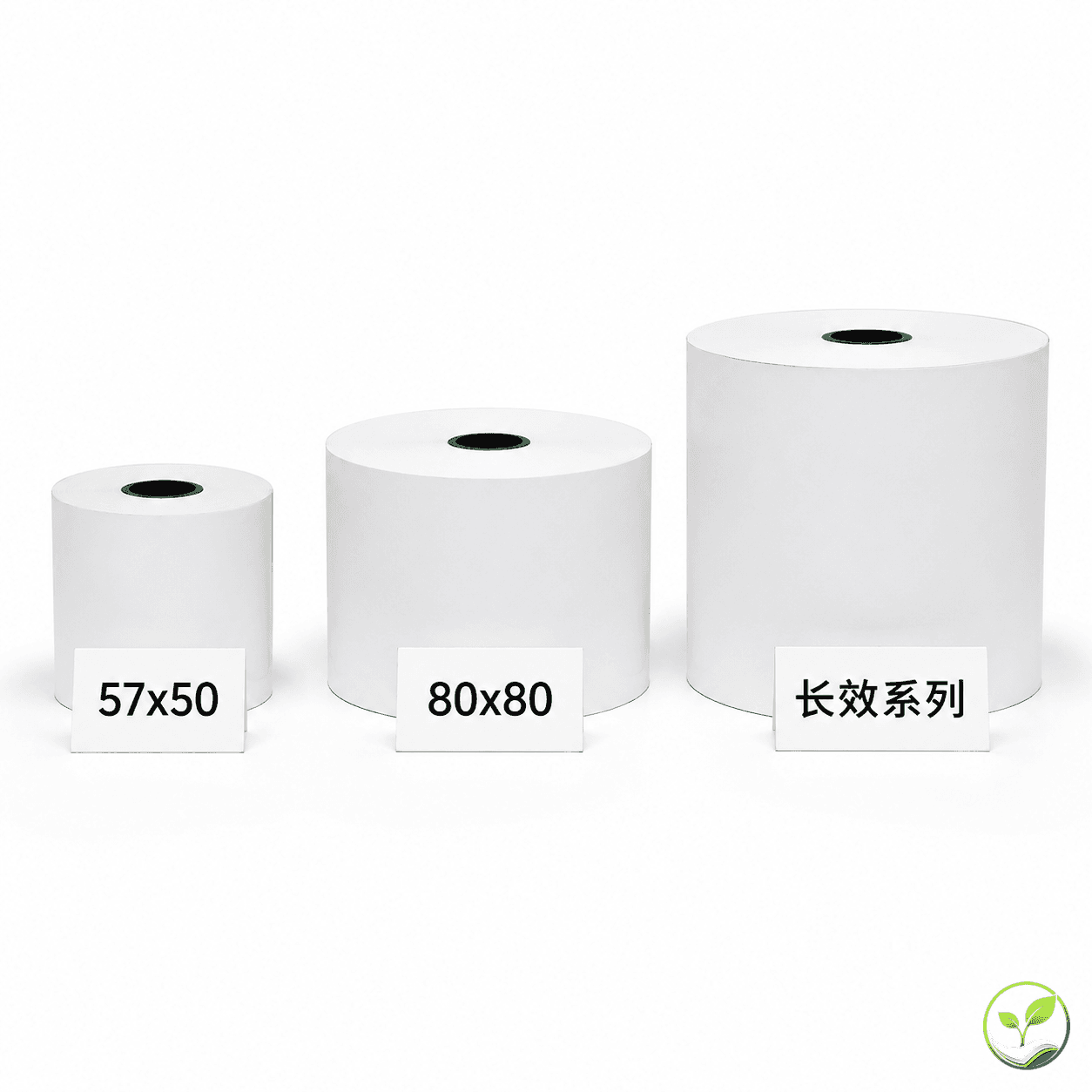多种热敏纸卷和收银纸并排展示,标注规格和受影响标签
