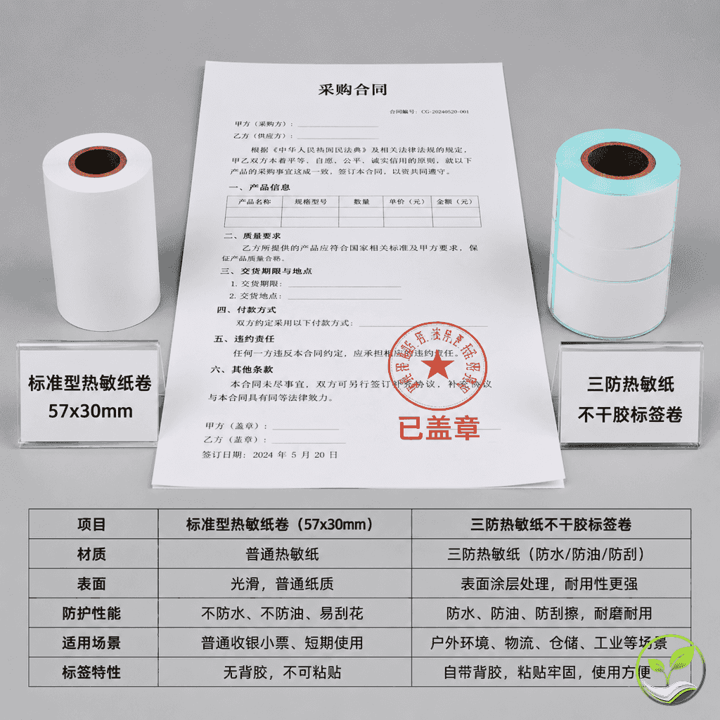 标准型热敏纸卷与三防不干胶标签并列摆放,旁边有一份已盖章合同文件,示意正确与错误理解