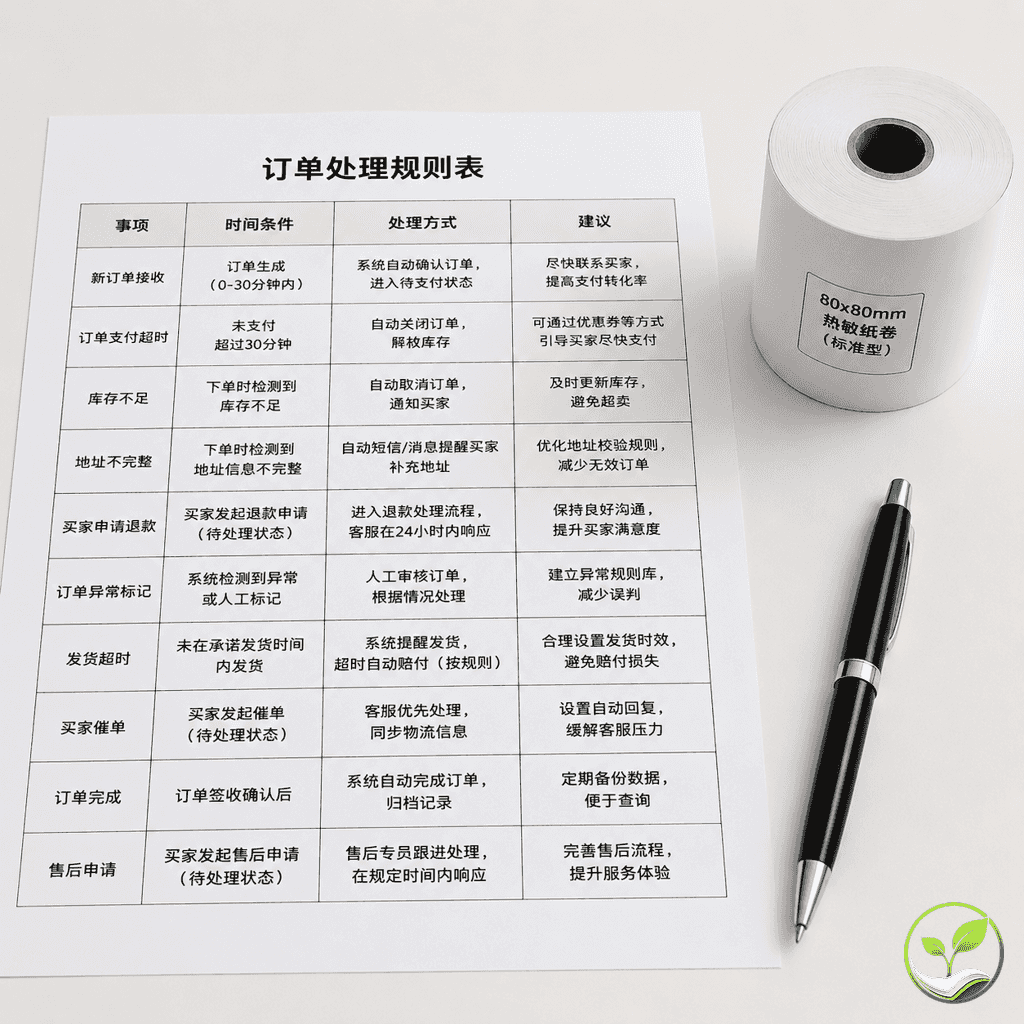 一张包含订单处理规则的表格打印纸放在热敏纸卷旁,周围有样品标签和笔,示意客户核对