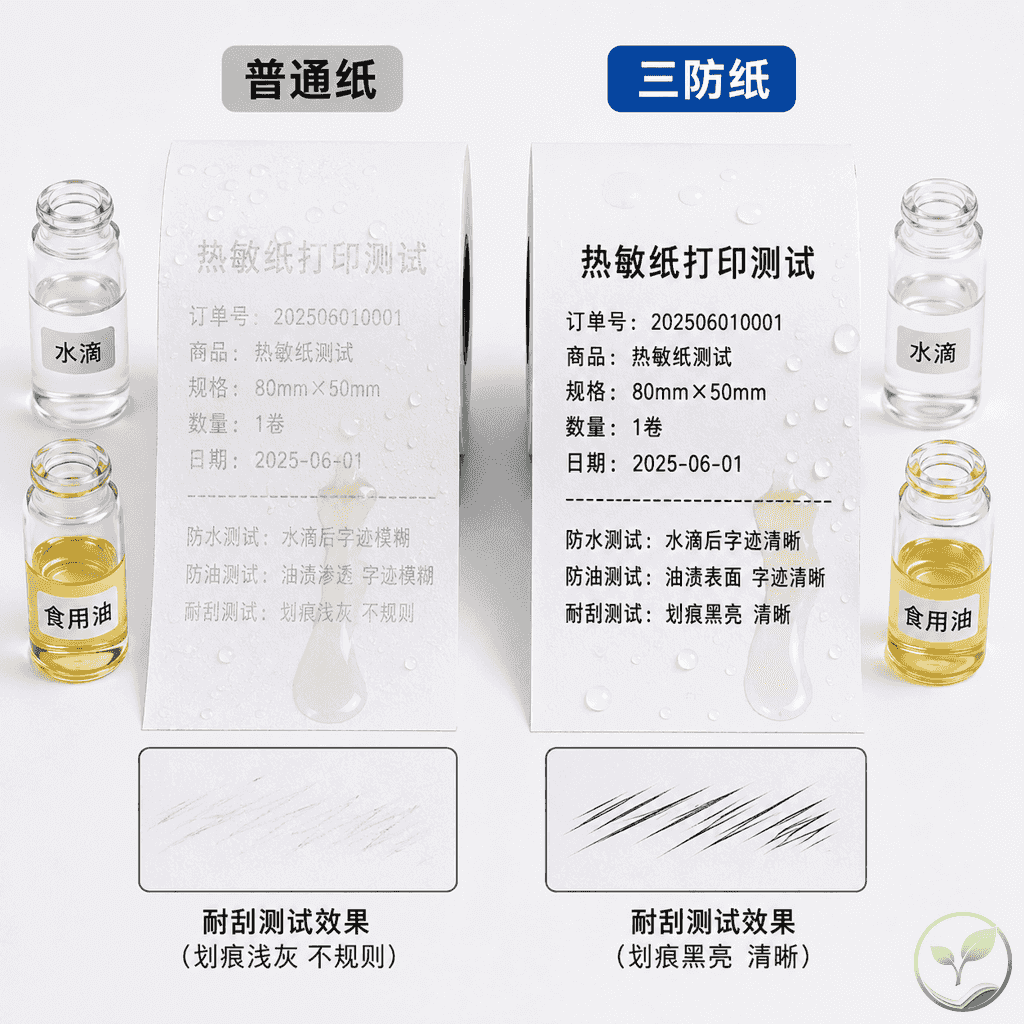 三防性能对比测试，左侧普通热敏纸滴上水后字迹模糊，右侧三防热敏纸滴水后字迹清晰，两者并排展示，白色背景，旁边放有油瓶和指甲划试痕迹对比