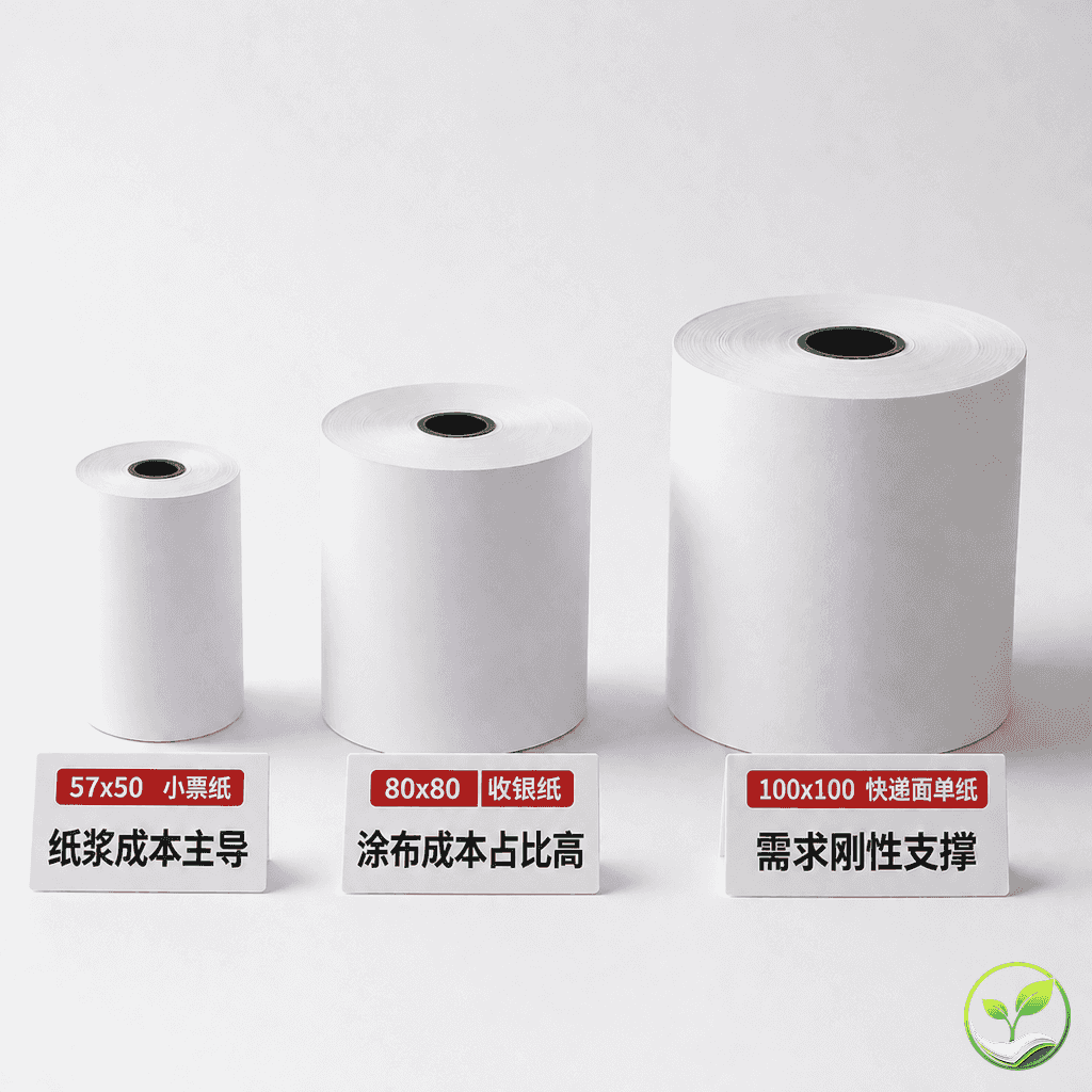 三种不同规格热敏纸卷并排展示，分别对应原材料纸浆、涂料和成本标签