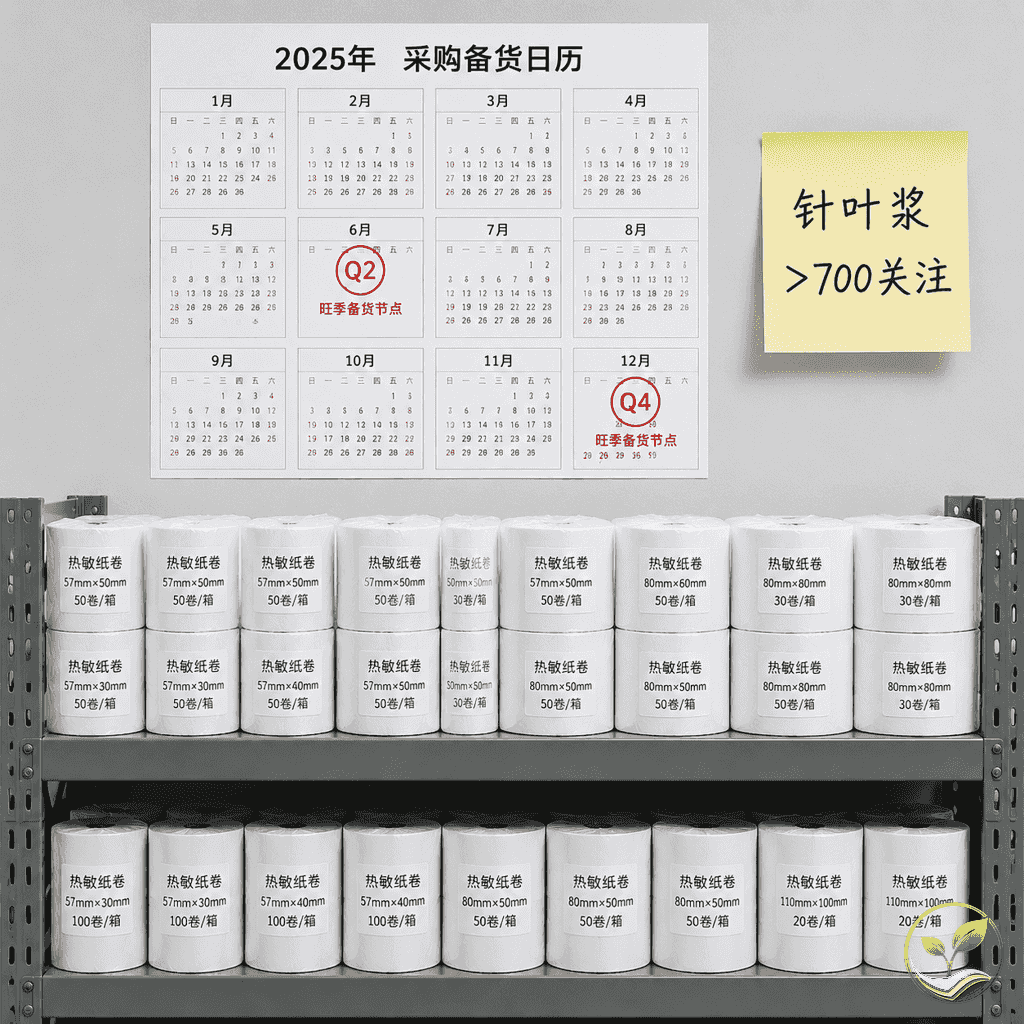 仓库货架上整齐堆放热敏纸卷，背景有日历或时间节点标注