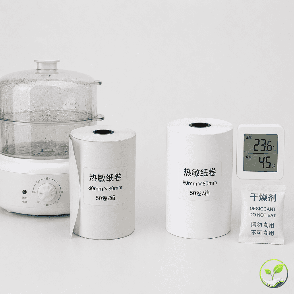 两卷热敏纸的对比：一卷放在潮湿灶台旁（表面微卷曲），另一卷放在干燥阴凉处（平整完好）