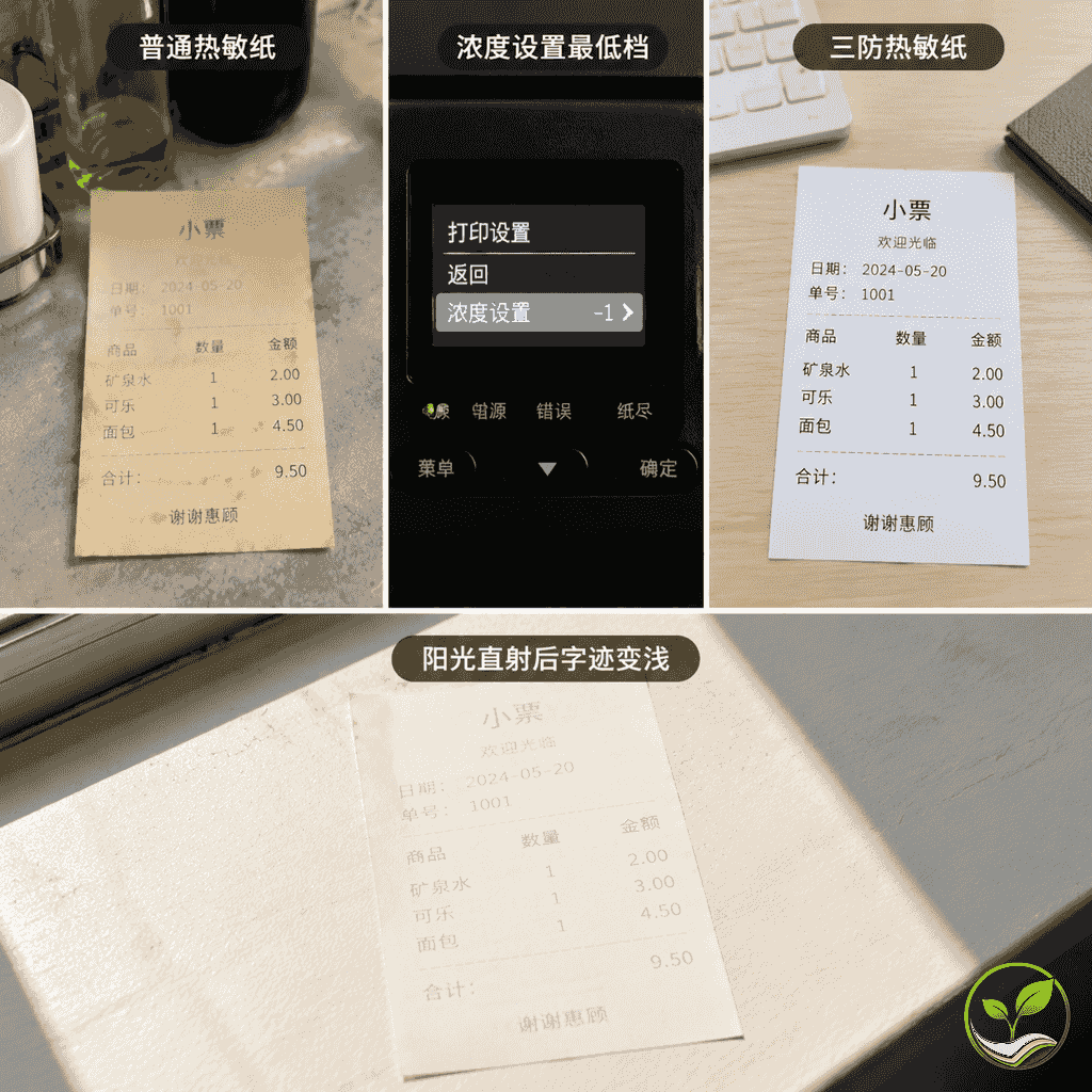 三组对比场景：普通热敏纸在厨房高温高湿环境褪色 vs 三防热敏纸在正常室内环境完好；打印机浓度设置面板特写；热敏纸在窗边阳光照射下褪色