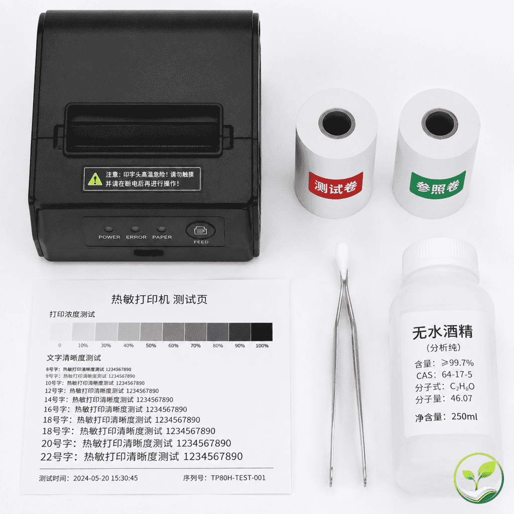操作示意：一台热敏打印机旁边放着两卷热敏纸（一卷待测、一卷参照）、棉签和酒精瓶，以及一张打印测试页