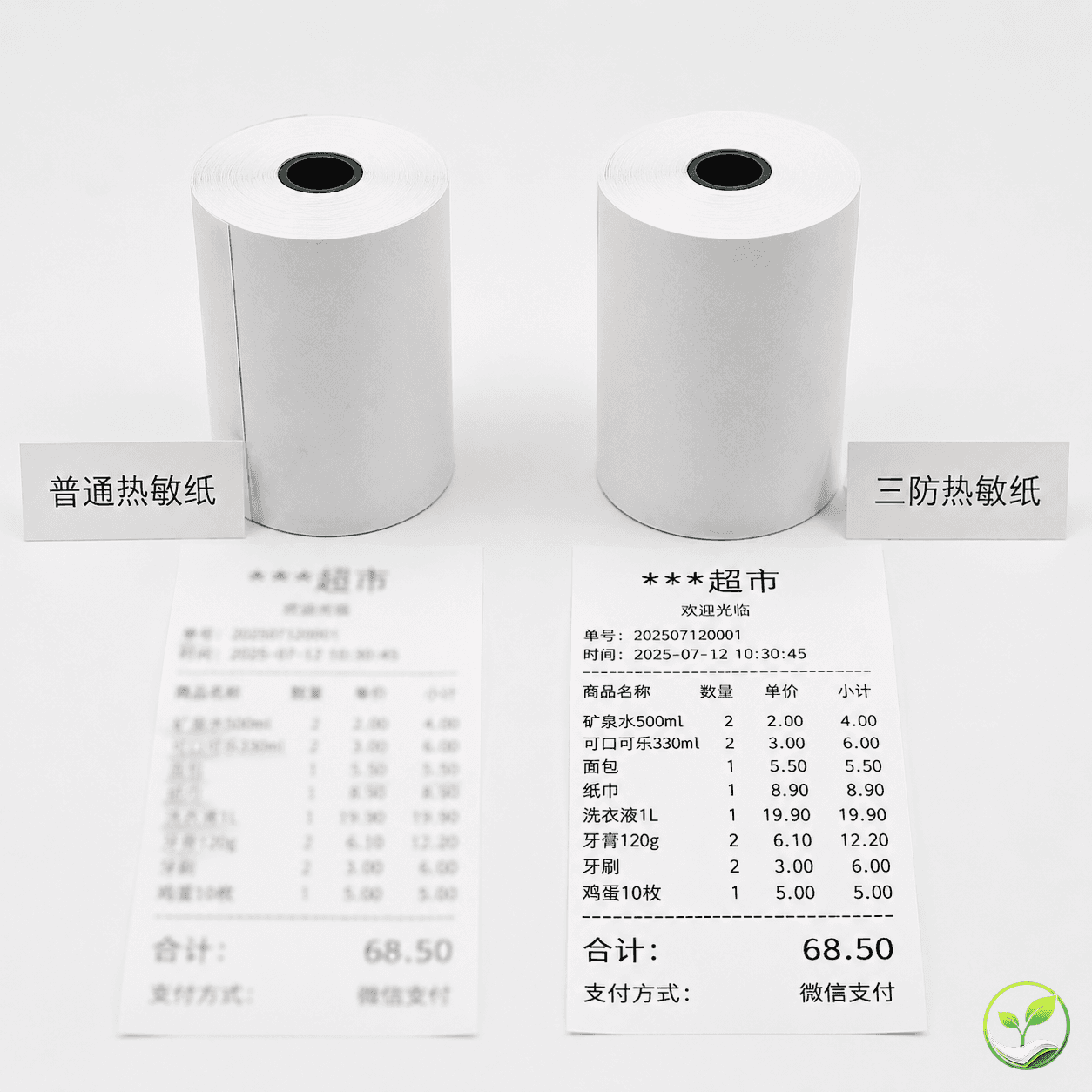 普通热敏纸与三防热敏纸卷并排对比，旁边显示模拟环境下的褪色效果差异