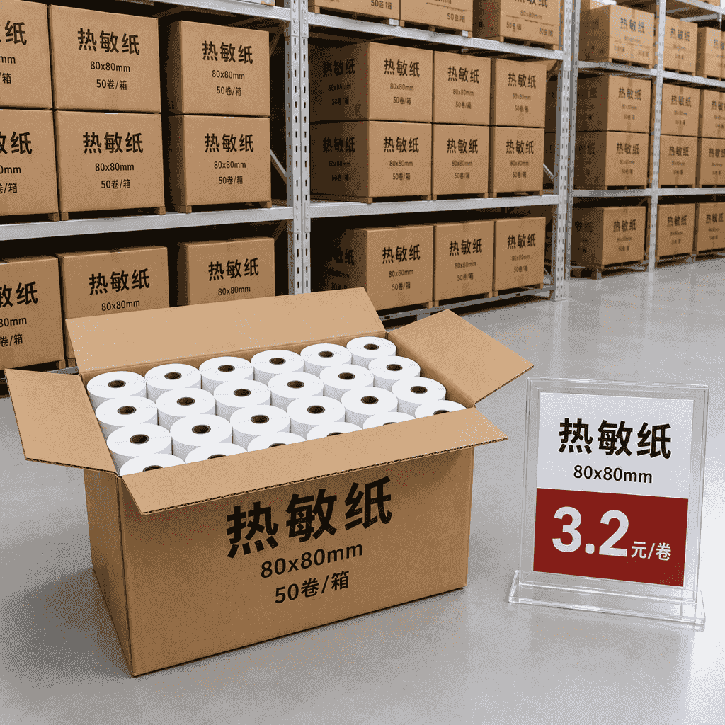 仓库内整齐堆放的纸箱，打开的一箱露出热敏纸卷，旁边标有价格标签