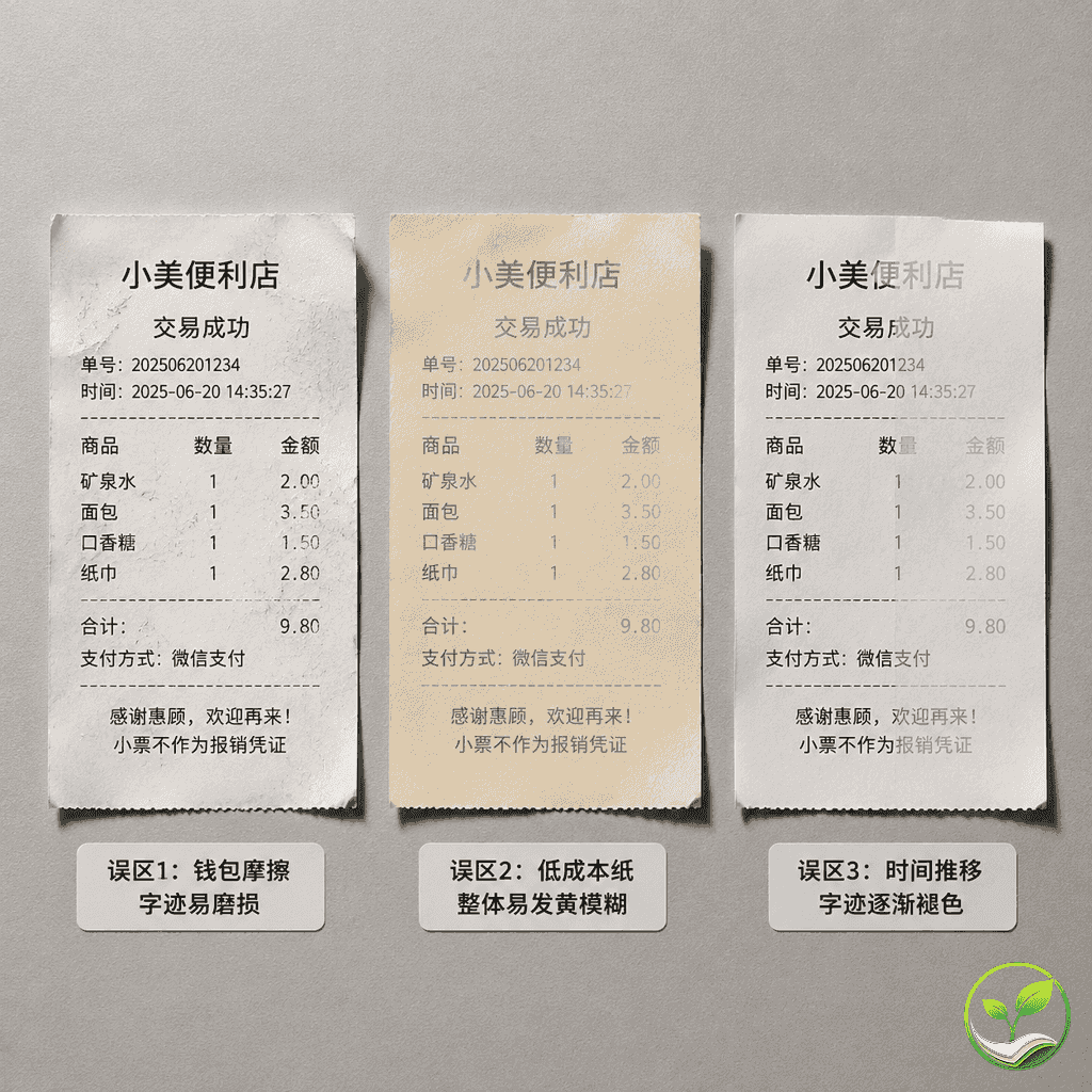 三张热敏纸小票分别展示藏在钱包里摩擦褪色、廉价纸半年模糊、刚打印清晰但两个月后褪色的对比