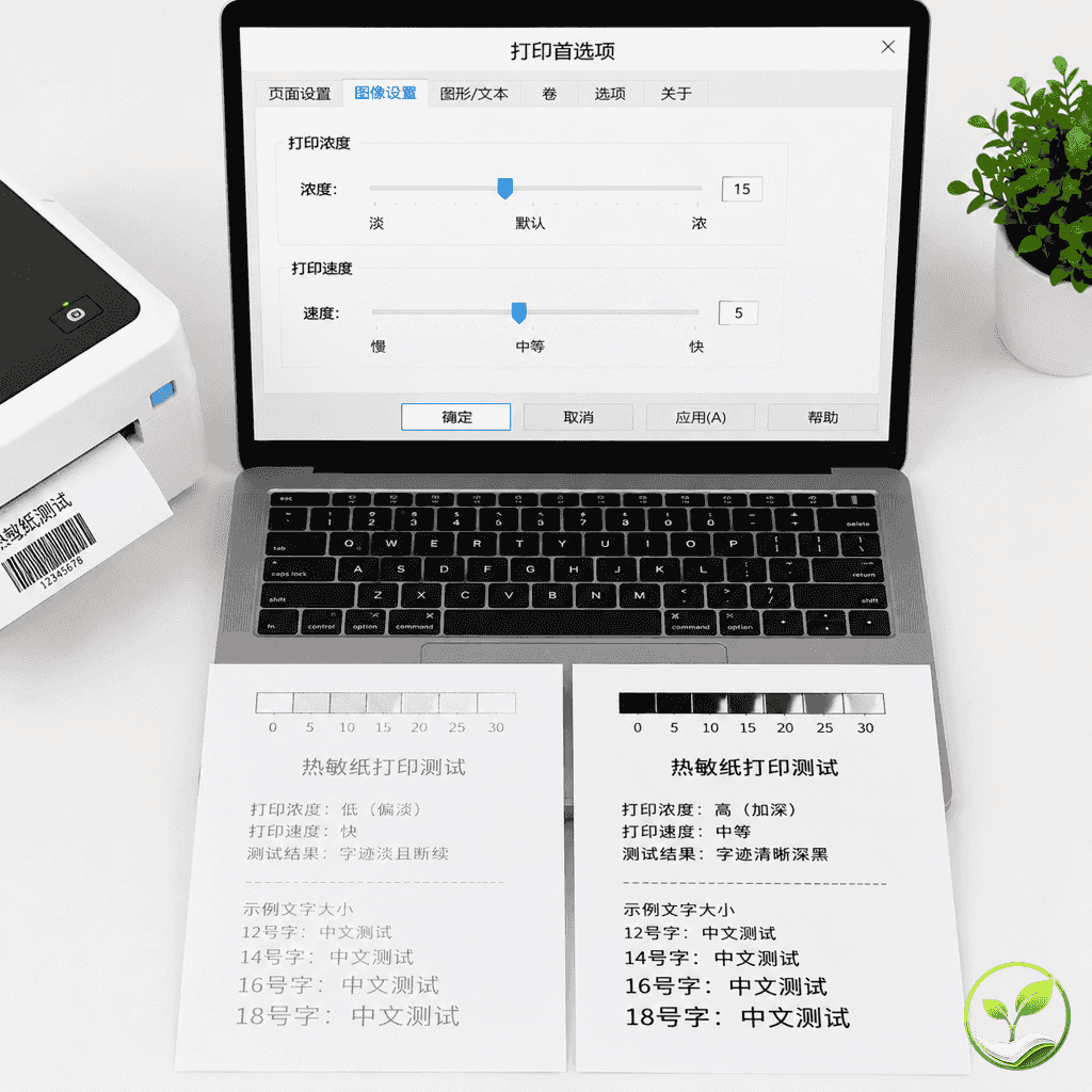 一台笔记本电脑屏幕显示打印机驱动设置界面，旁边放着一张清晰的测试页和一张模糊的测试页对比