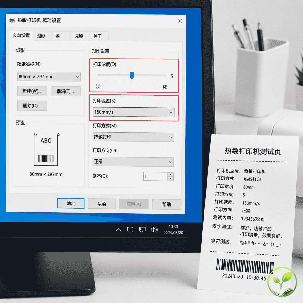 电脑屏幕显示打印机驱动设置界面，其中打印浓度和速度参数被调整，旁边放着一张测试打印样纸