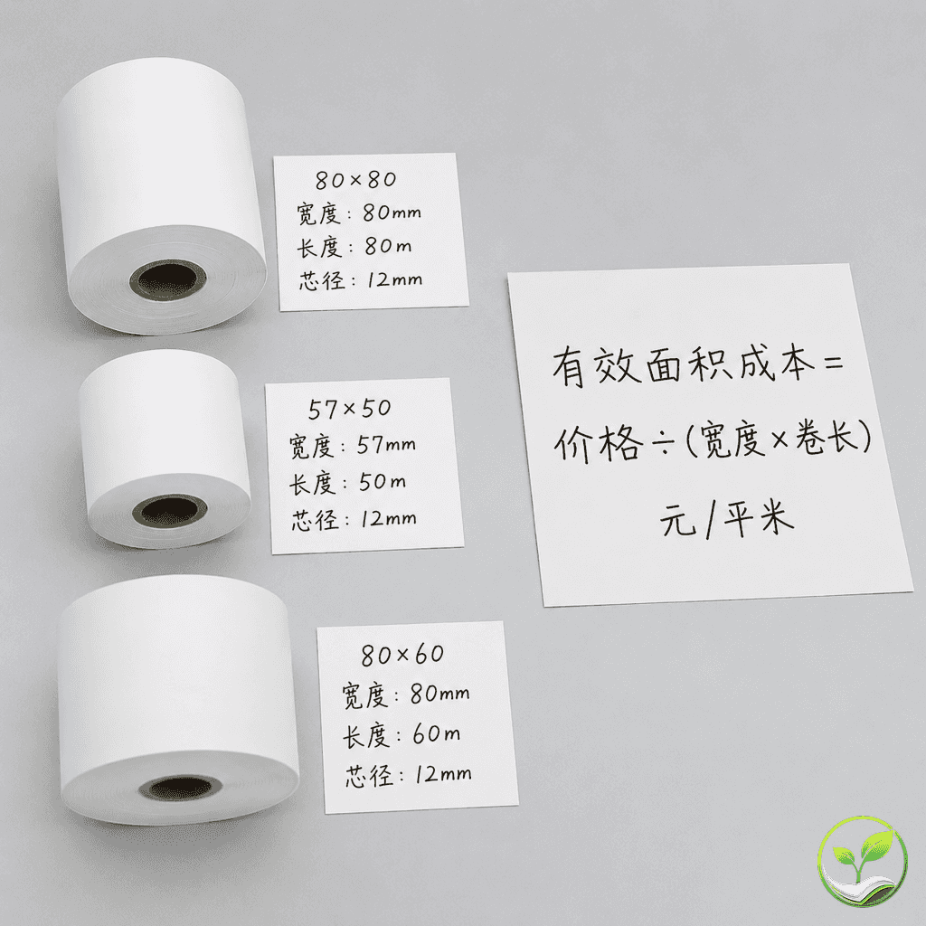 热敏纸卷标注宽度、长度和芯径,旁边有计算有效面积成本的公式卡片