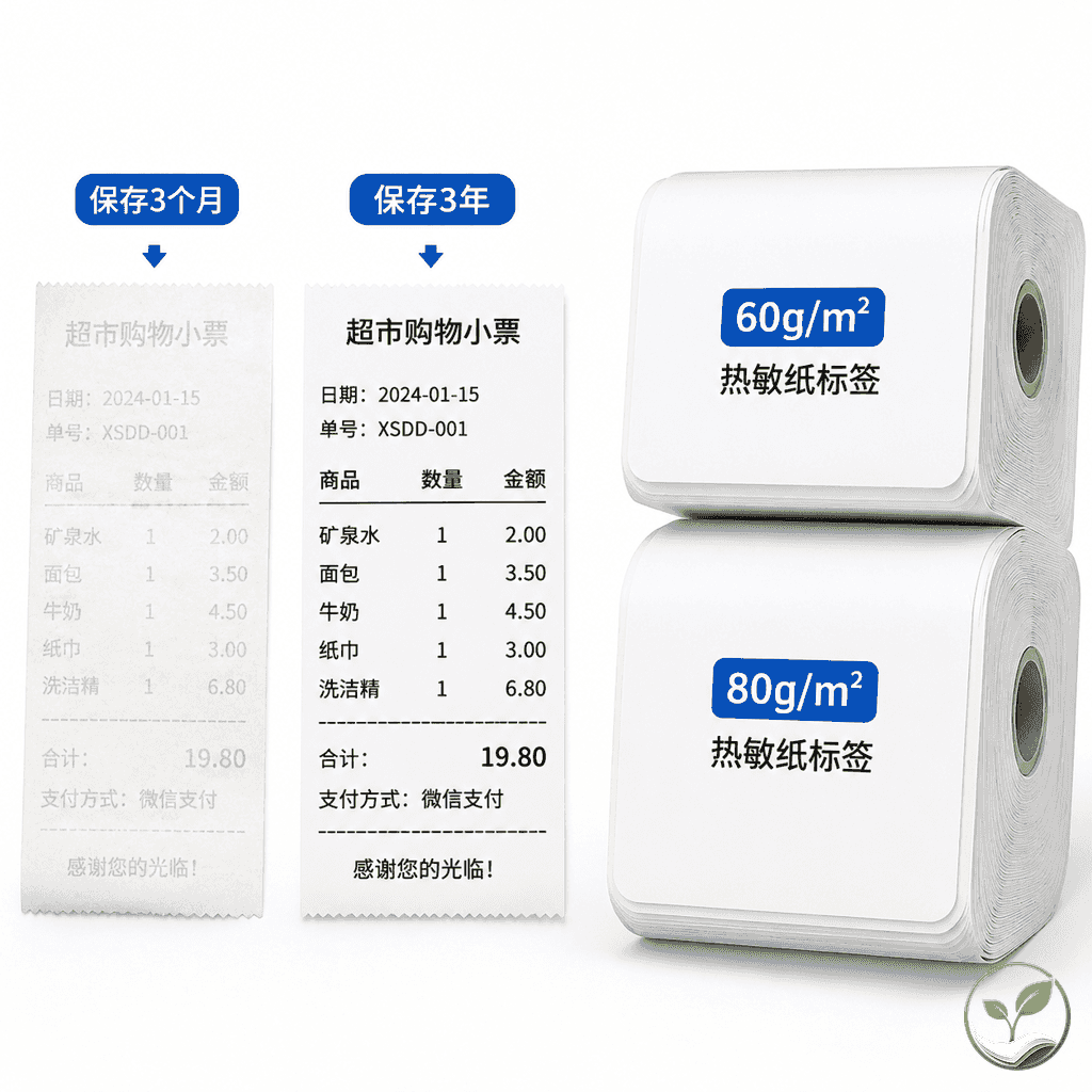 对比展示:普通热敏纸褪色模糊与三防热敏纸清晰保存,以及不同克重纸张叠放对比