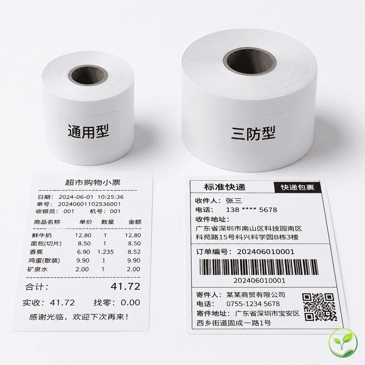 展示一次涂布和两次涂布的热敏纸卷对比，一次涂布用于超市收银标签，两次涂布用于三防热敏纸