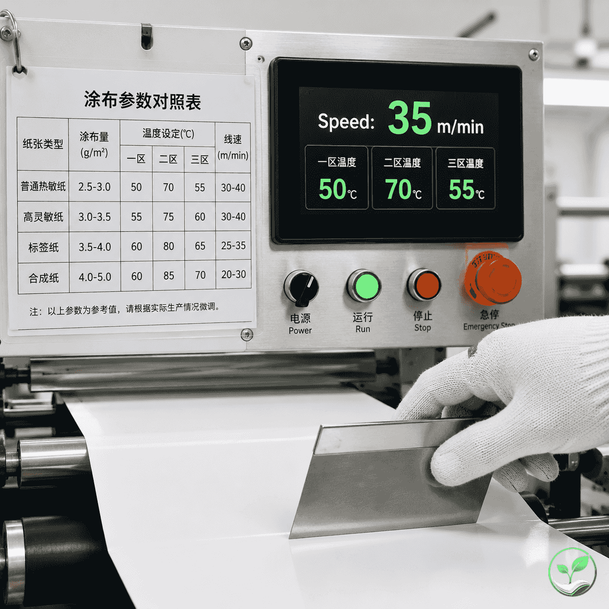 涂布机操作面板显示车速35米/分钟,干燥段温度分区指示,操作员的手持刮板放在纸面上检查涂层均匀性