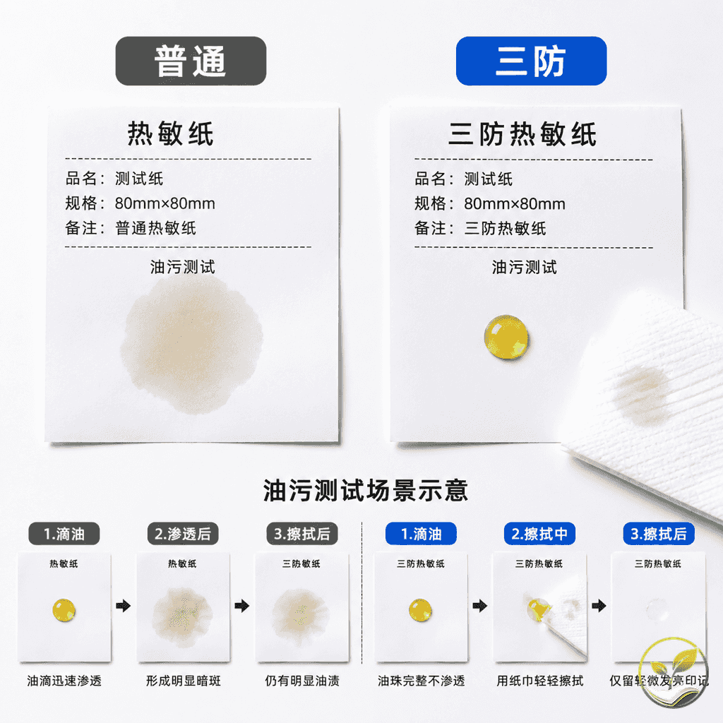 对比测试:左侧普通热敏纸滴油后留下深色油渍暗斑,右侧三防热敏纸滴油后油珠完整吸收后仅轻微发亮