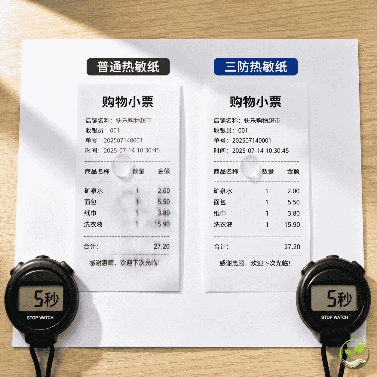 一张普通热敏小票被水滴模糊与一张三防热敏小票滴水后依然清晰的对比图，旁边有计时器和“5秒”标签，浅色桌面背景。