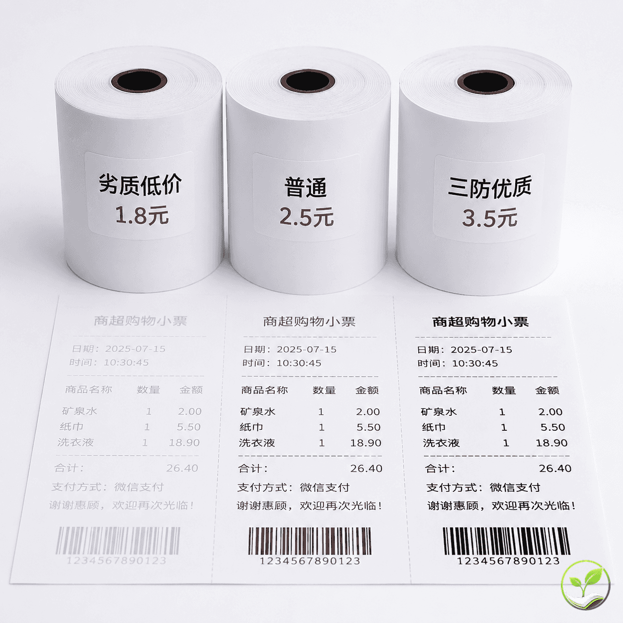 三种不同档次的80x80热敏纸卷并排展示,分别标注价格和有效成本对比