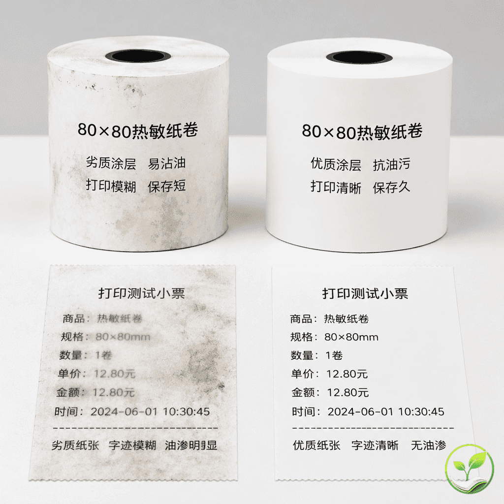 两卷热敏纸对比，左边卷纸标签模糊有油渍渗透，右边卷纸干净清晰，展示品质差异