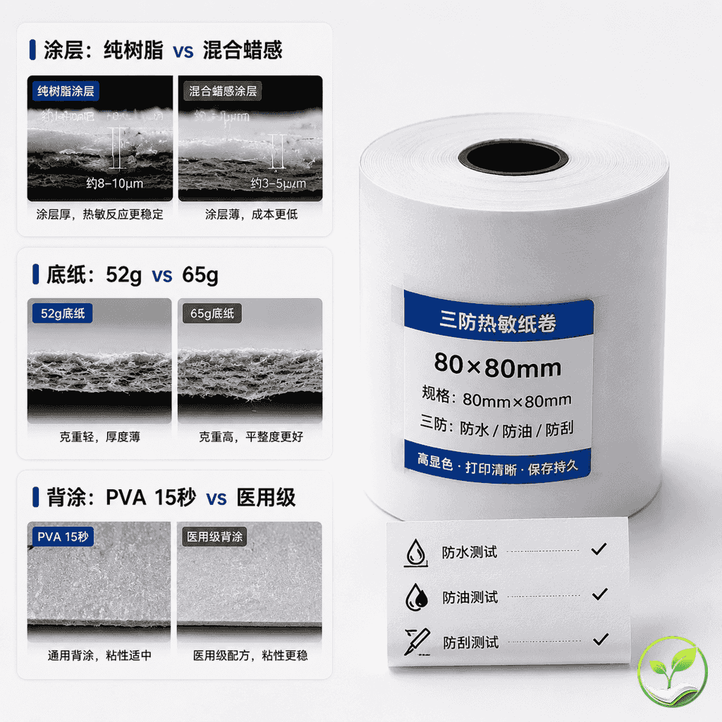 三组热敏纸配件对比：涂层配方、底纸厚度、背涂等级，展示不同参数规格