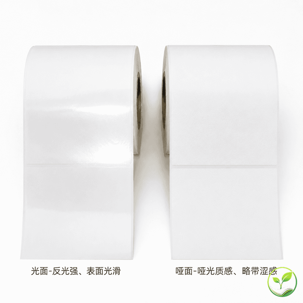 两卷热敏纸并排对比,左侧纸面反光滑亮,右侧纸面哑光略带涩感,展示三防涂层差异
