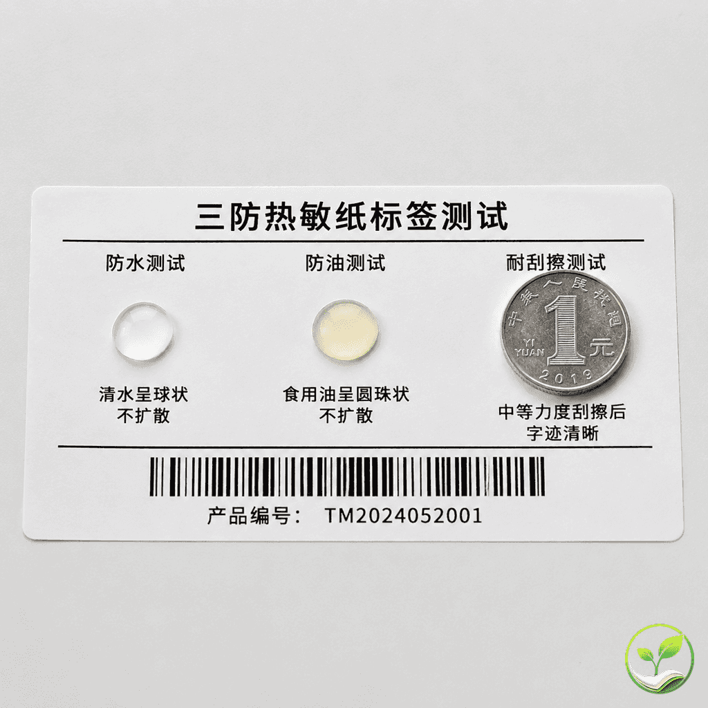 热敏纸打印区域依次进行滴水、滴油、硬币刮擦测试,展示合格纸张的不扩散效果