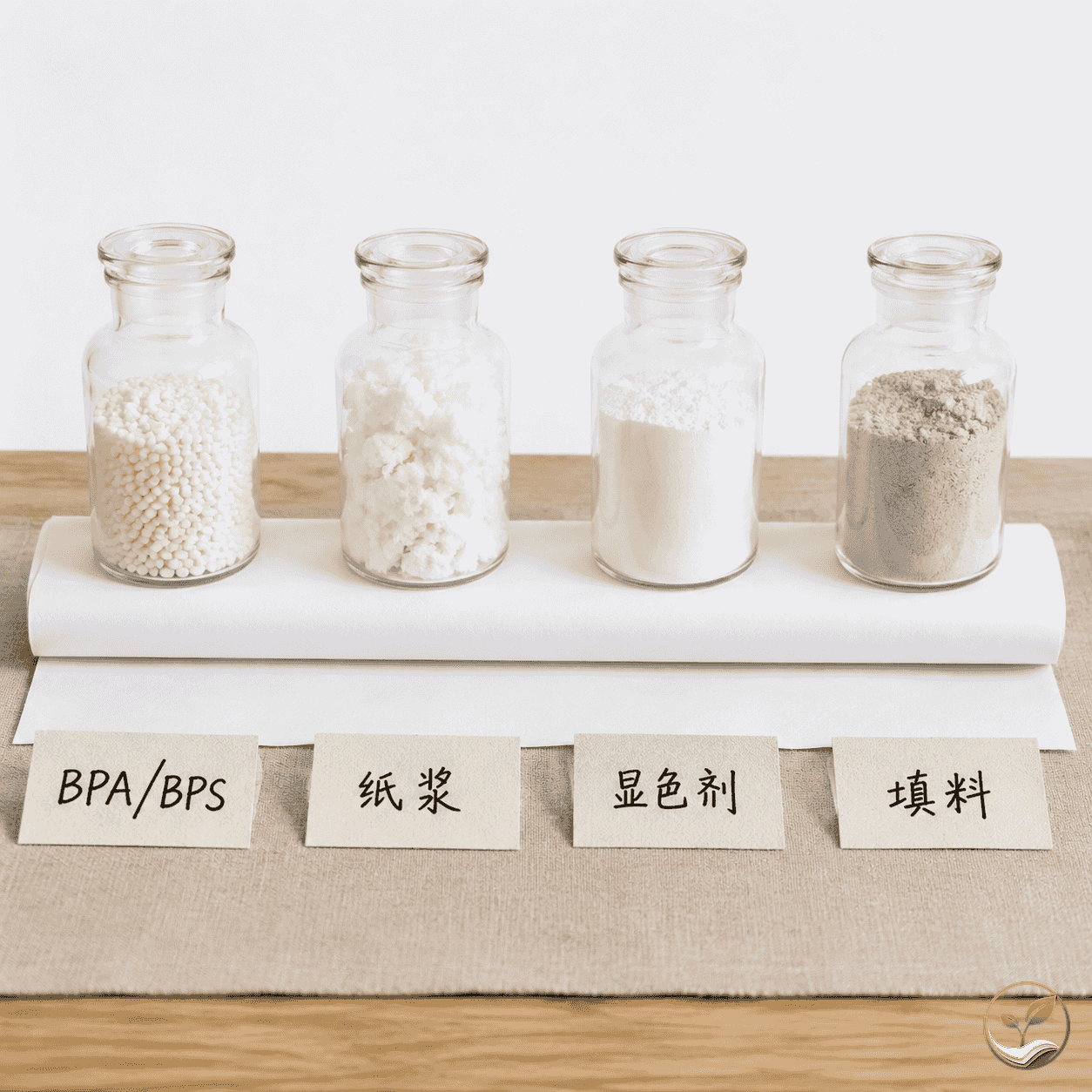 俯拍视角下，四个透明玻璃样品瓶分别装有BPA/BPS颗粒、纸浆纤维、显色剂粉末和填料粉末，每个瓶子前有手写标签，旁边横放一卷热敏纸，展示热敏纸的四种主要原材料