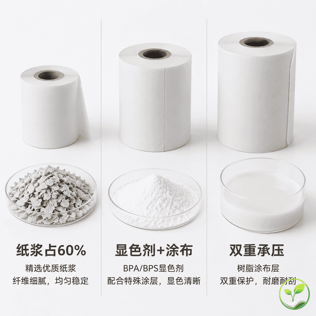 三种原材料样本(纸浆、显色剂、涂布化学品)并排展示,旁侧对应普通收银纸、电子面单纸、医疗纸各一卷,体现成本分化