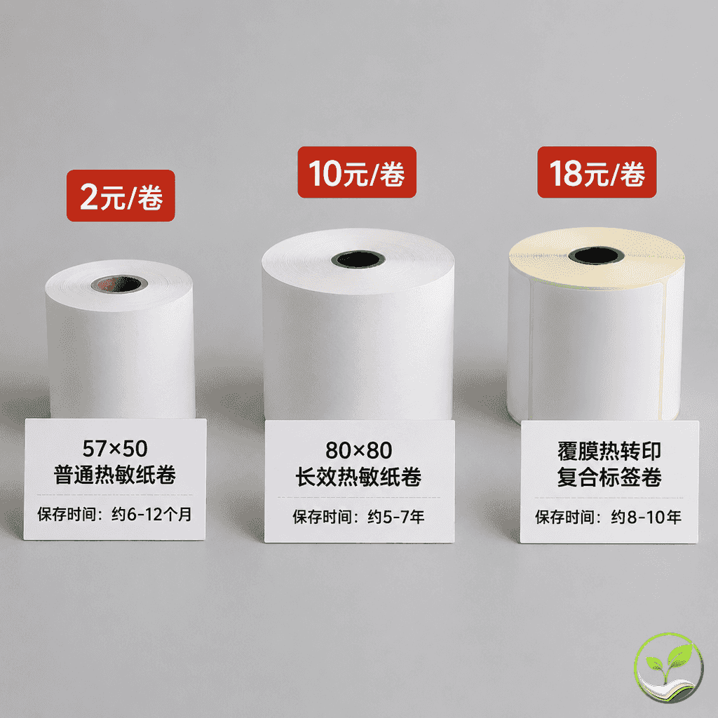 三种不同类型的热敏纸卷并排展示,分别标注普通、长效、热转印复合,旁边有价格标签