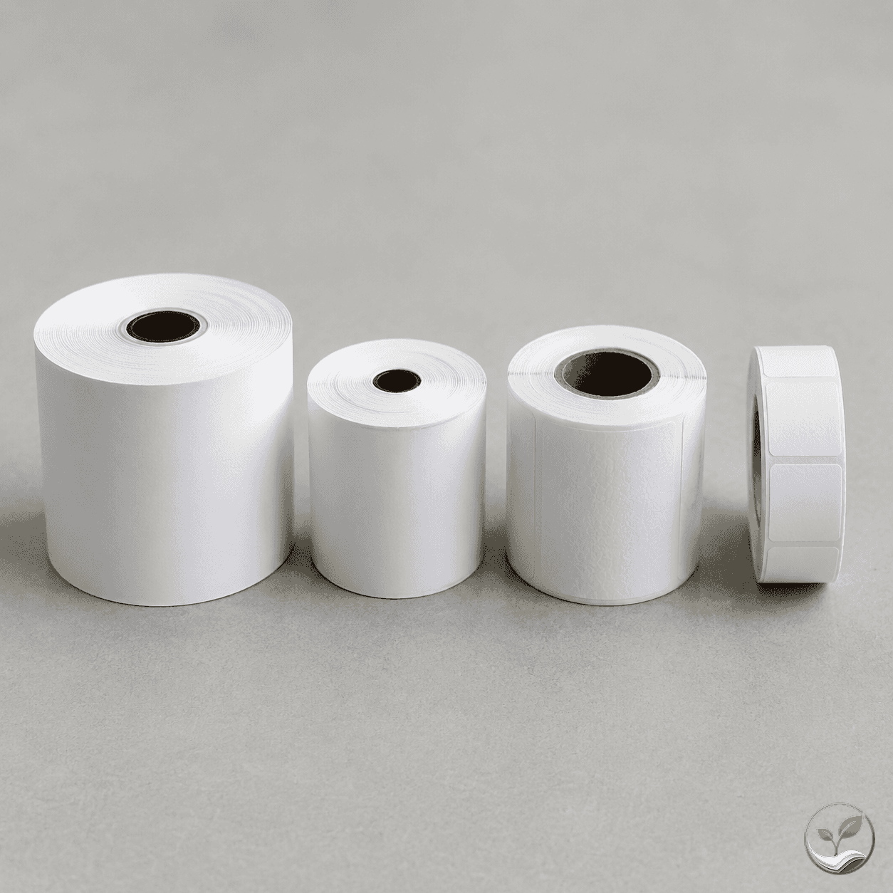 超市常见热敏纸规格对比：80×80收银纸、57×50便携收银纸、60mm三防标签纸和普通促销标签纸并排放置