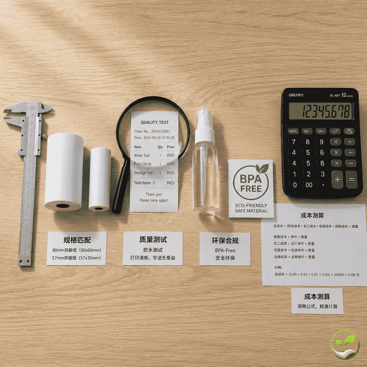 选型工作台上摆放热敏纸卷、测试小票、环保标签和计算器,体现规格匹配、质量测试、环保合规、成本测算四个步骤