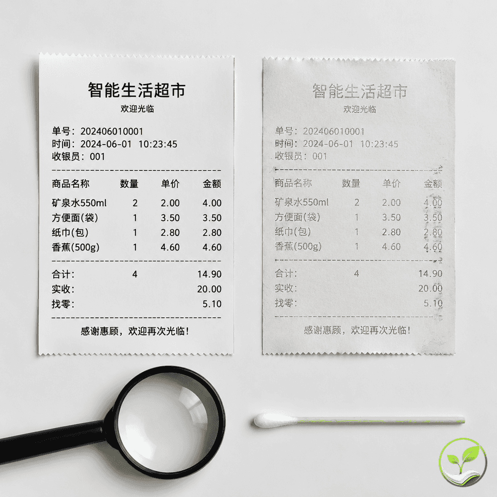 两张热敏纸打印效果对比,一张清晰饱满,一张模糊褪色