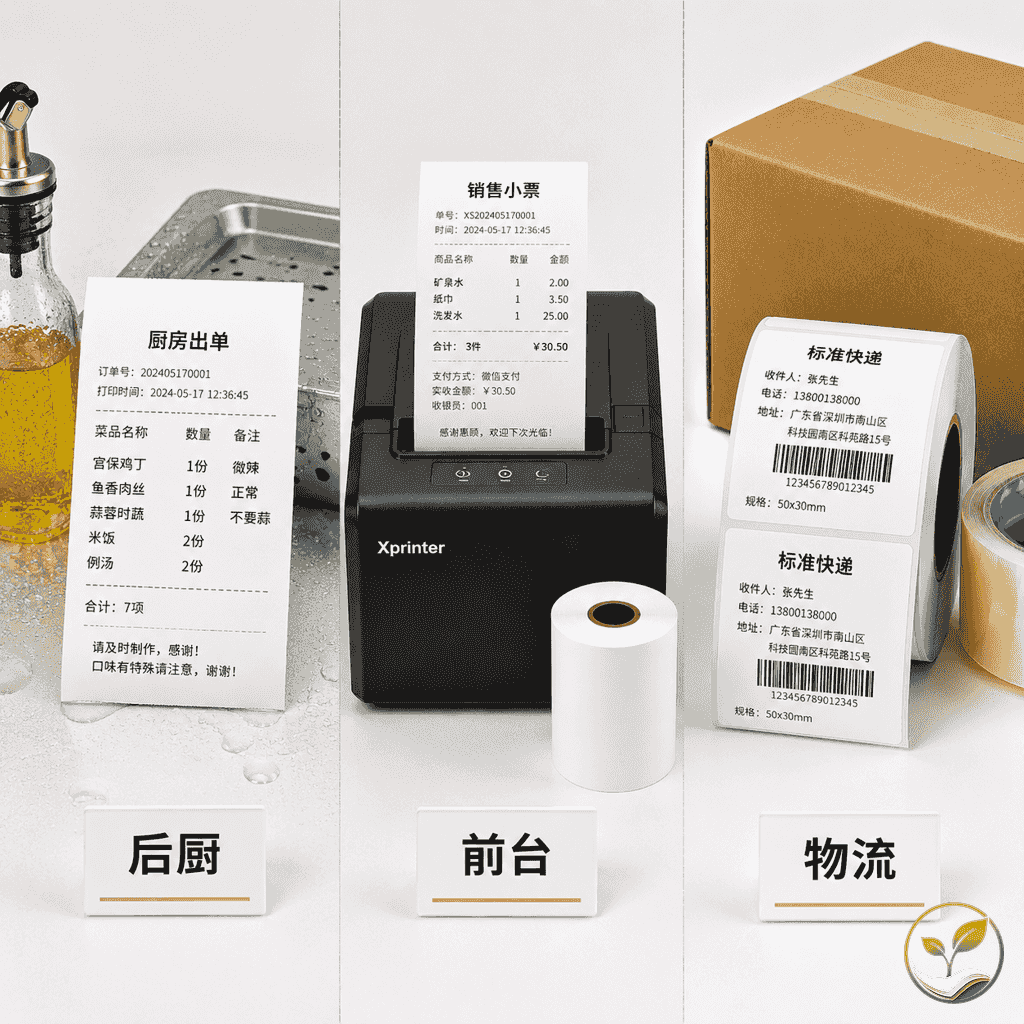 三个不同场景的热敏纸应用实例:后厨油污环境、干燥前台收银台、物流仓库标签