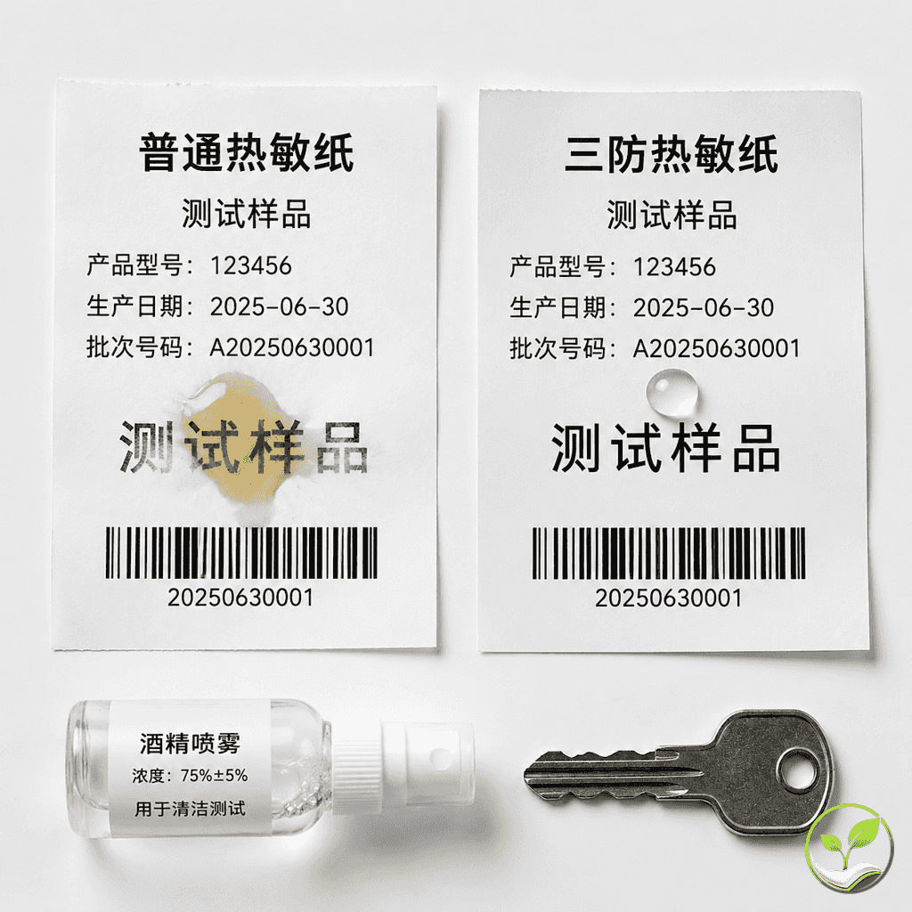 两张热敏纸对比测试:普通纸被油滴后字迹模糊,三防纸滴油后字迹清晰,旁边有酒精喷瓶