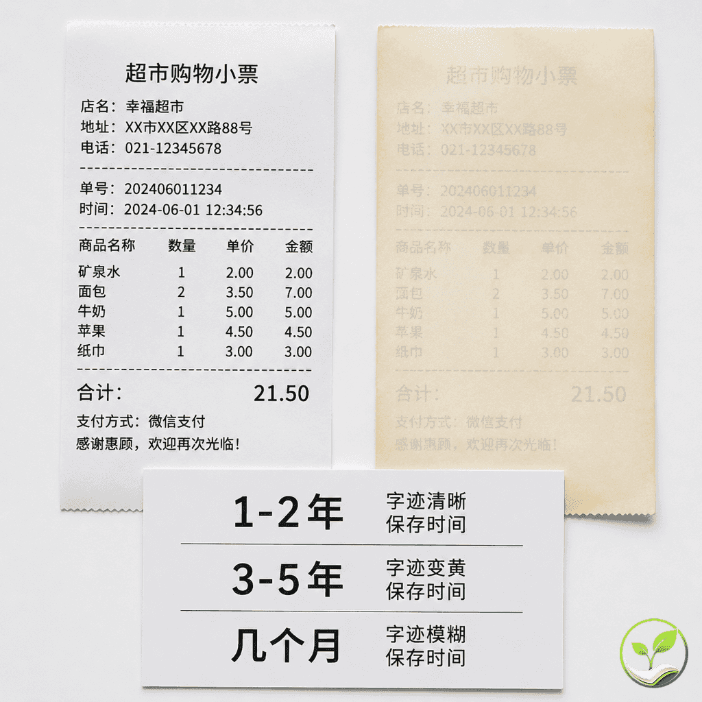 两张小票对比，左侧新打印的清晰小票，右侧同一张六个月后发黄模糊的小票，旁边放置一个卡片展示保存期限数据