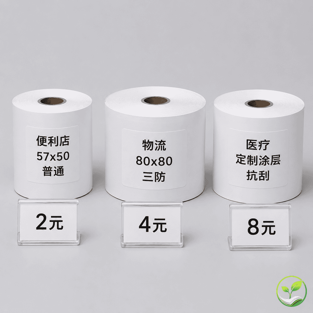 三个不同使用场景的热敏纸卷并排展示，分别标注便利店、物流、医疗，附带规格标签和价格标签