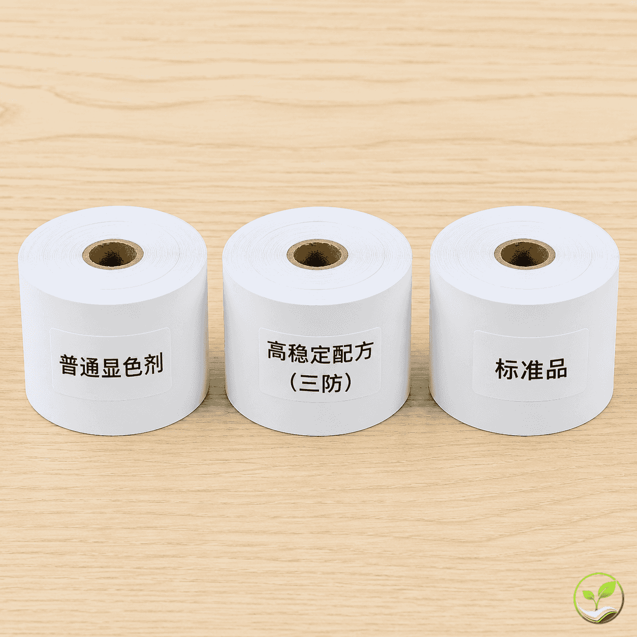 三卷不同规格的80x80热敏纸收银纸并排置于浅色木纹桌面上,标签注明“普通涂层”和“三防涂层”,展示外观差异