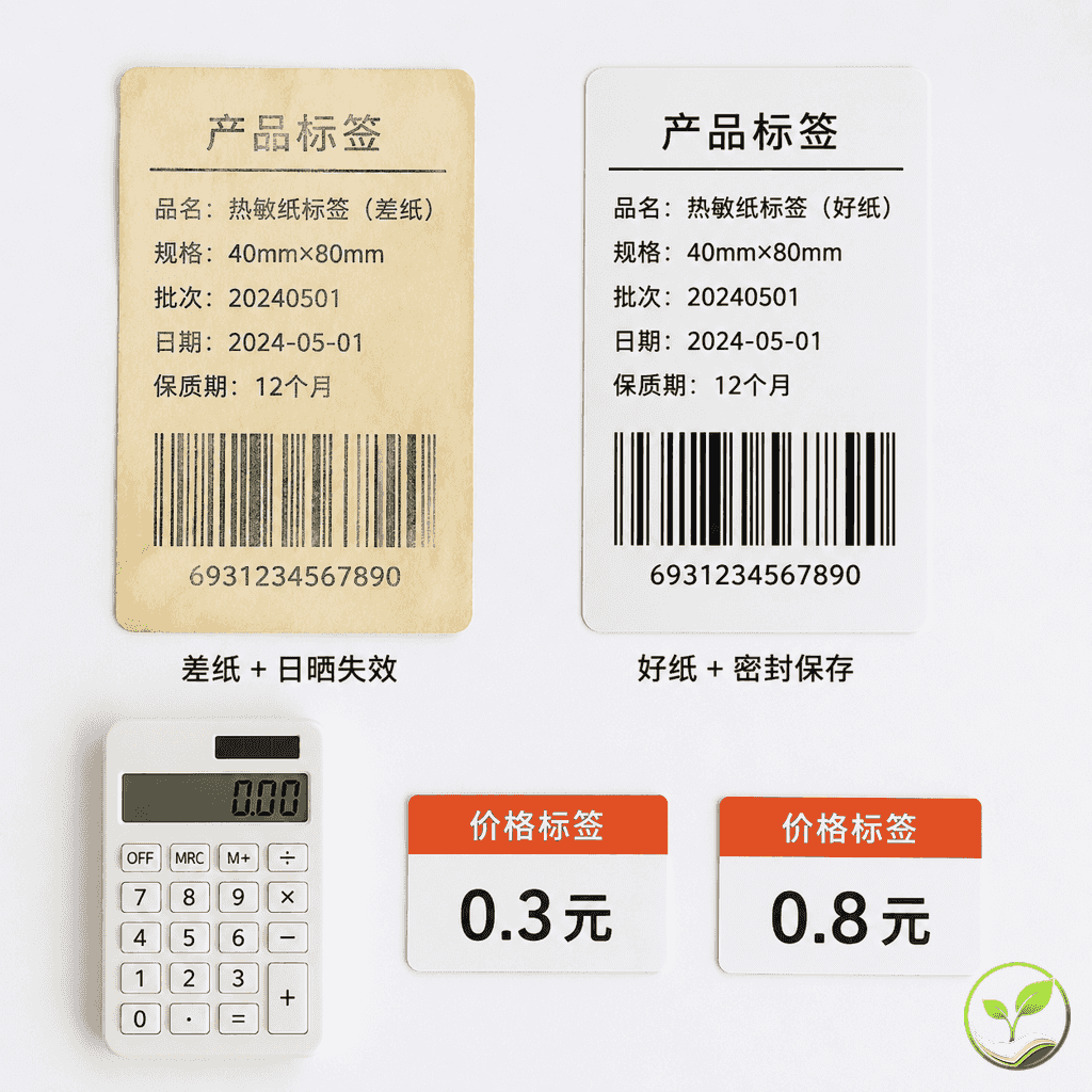 两张热敏纸标签对比,一张褪色模糊,一张字迹清晰,旁边有价格标签和成本计算器,展示好纸和差纸的储存结果对比