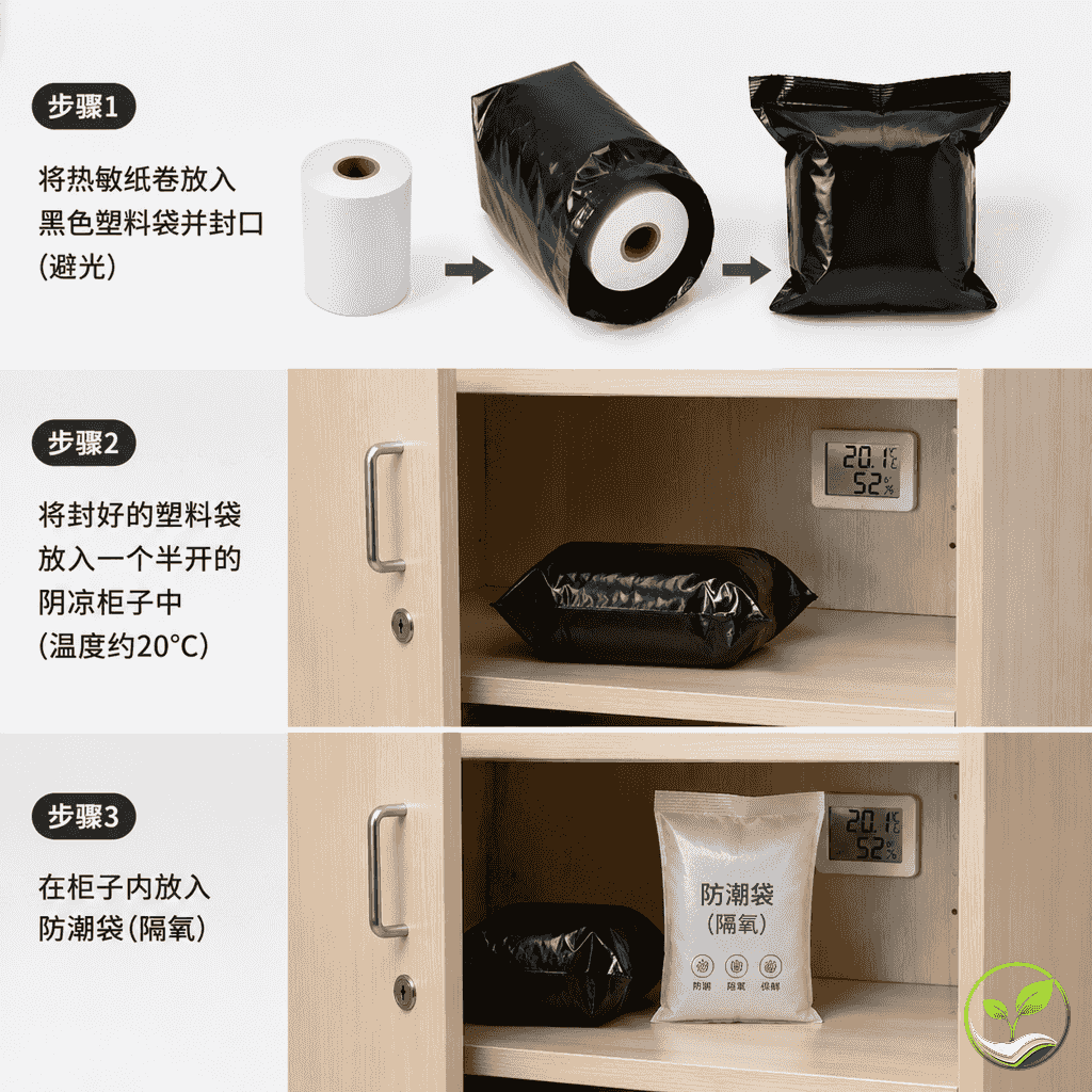 热敏纸卷放入黑色塑料袋并封口,放入阴凉柜子,旁边有温度计和防潮袋,展示避光低温隔氧储存方法