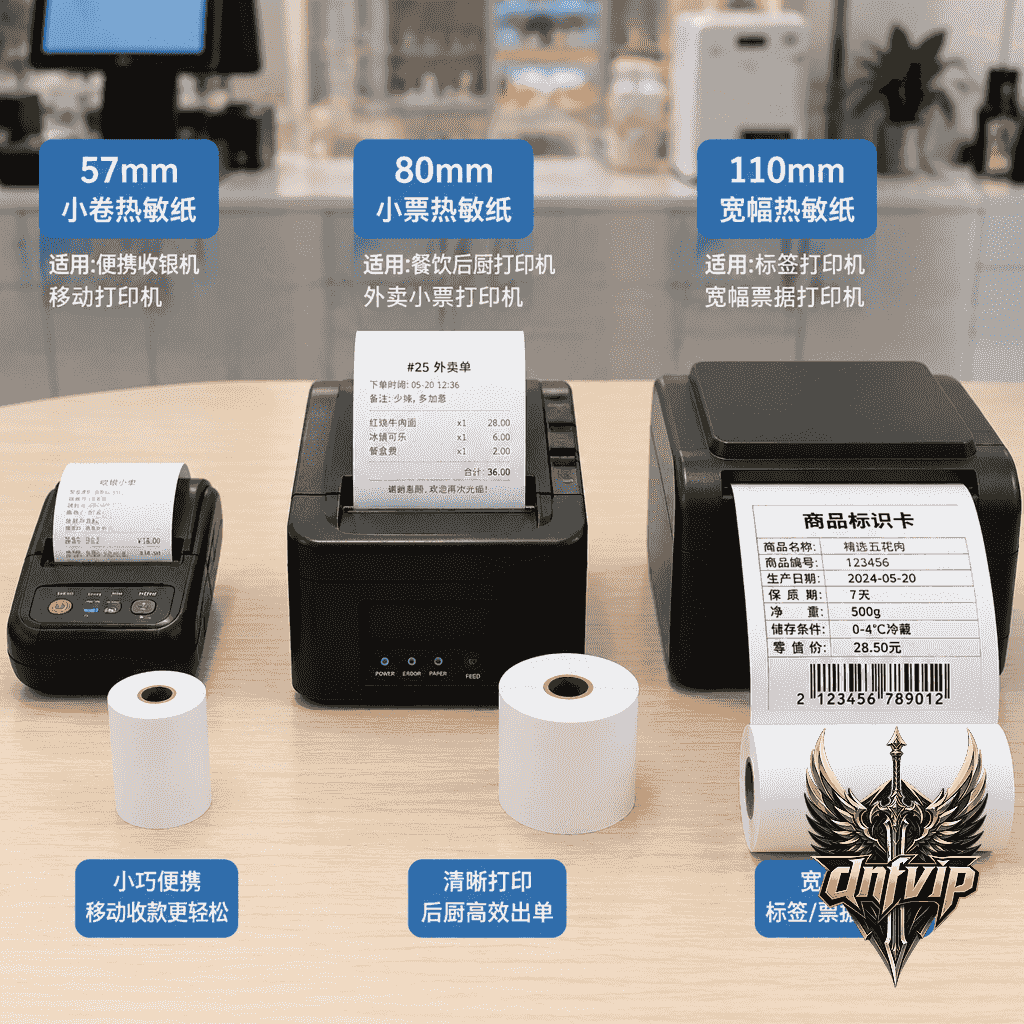 不同宽度热敏纸分别搭配便携打印机、收银打印机和宽幅记录设备展示