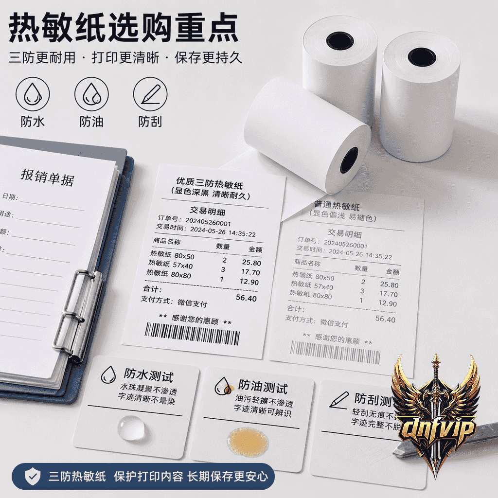 热敏纸选购重点展示，包括清晰打印效果、防水防油和卷纸足量对比