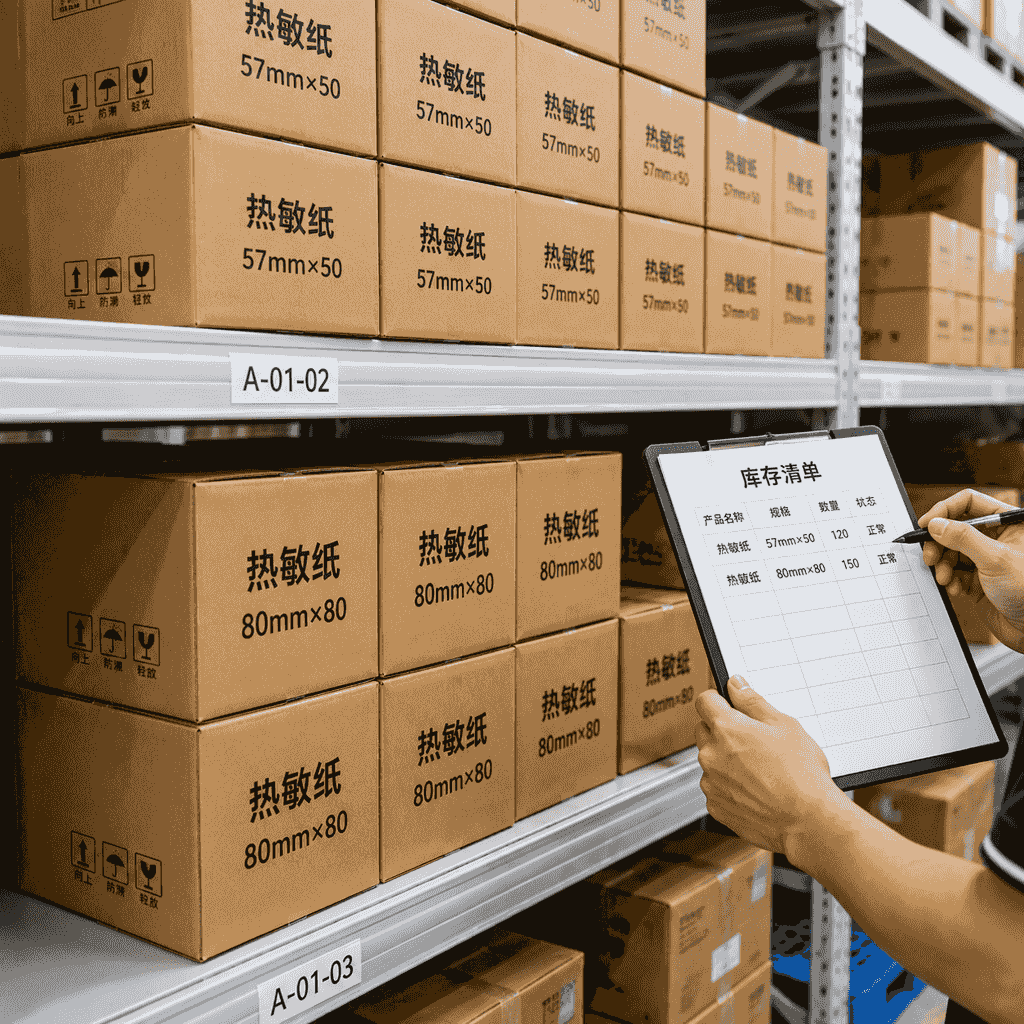 仓库货架上整齐堆放标有57mm和80mm规格的热敏纸箱，一名工作人员在核对库存清单