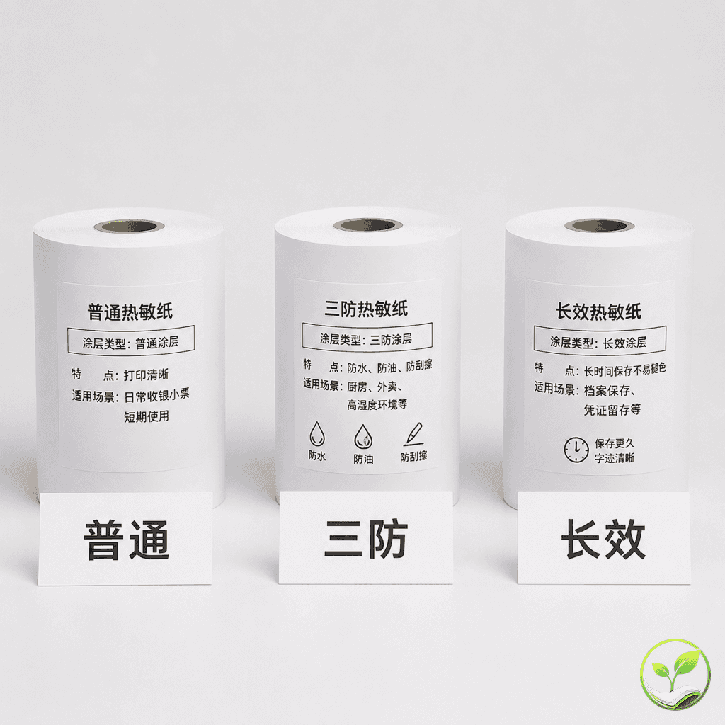 三种热敏纸类型对比：普通热敏纸、三防热敏纸、长效热敏纸的卷装和标签说明