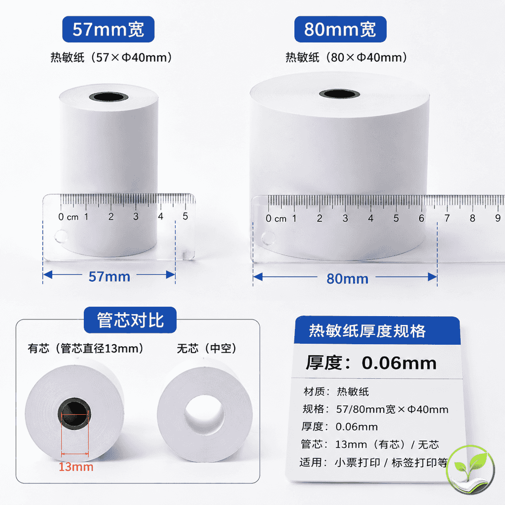 热敏纸卷参数特写:用尺子测量纸宽57mm和80mm,展示管芯有芯和无芯对比,厚度示意图