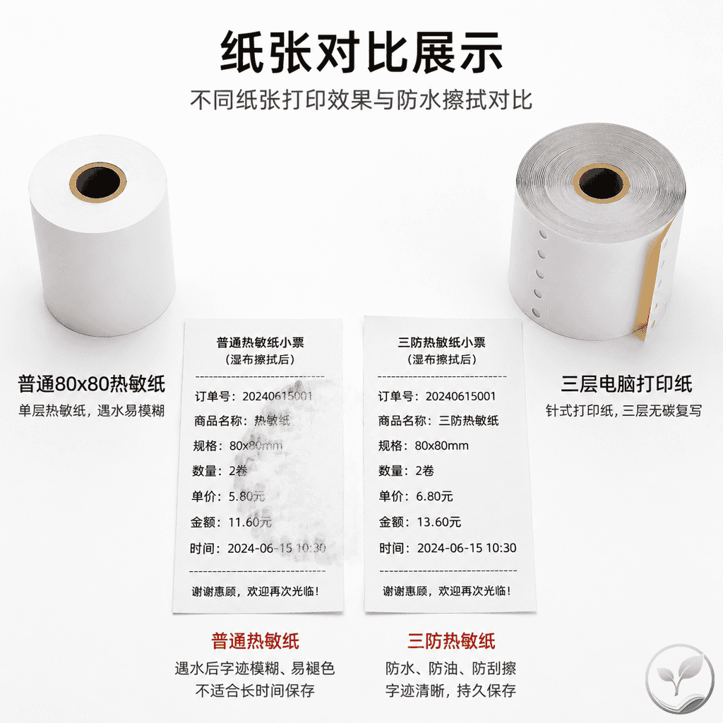 两种热敏纸对比:普通热敏纸和三层电脑打印纸并列展示,旁边有湿布测试防水效果的文字说明